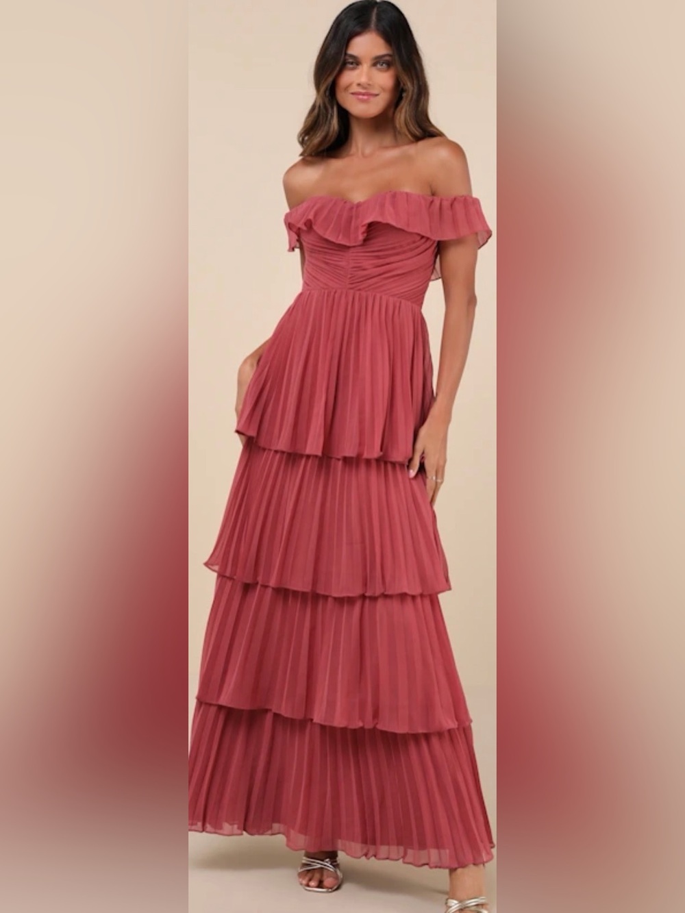 -Lulus “Always Remarkable” Rusty Rose Pleated Off-the-Shoulder Maxi
